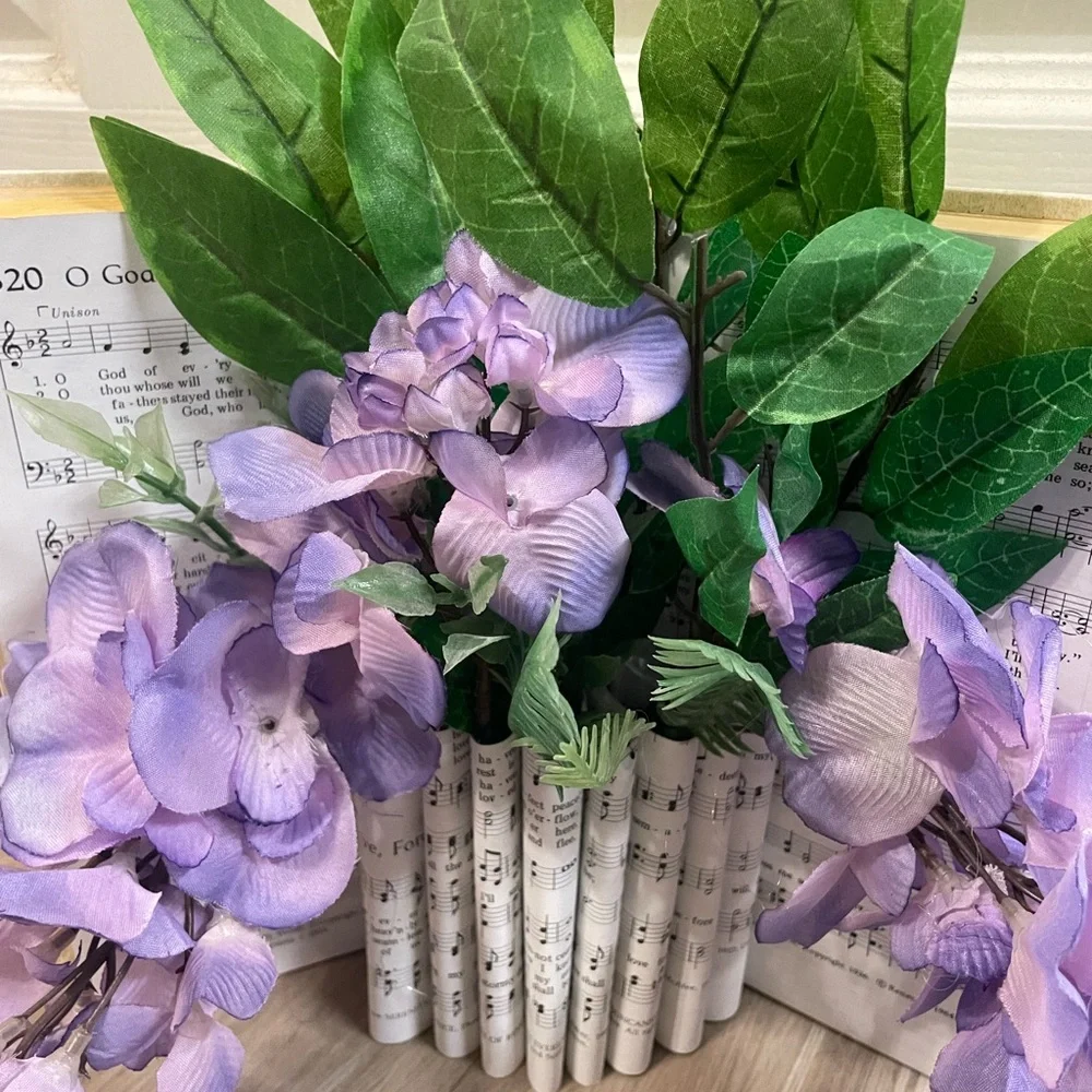 Handmade Hymnal Book Vase with Purple Floral Arrangement